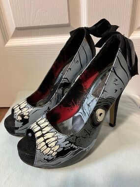 Iron Fist Black and Gray Skull Peep-Toe Heels with Bow